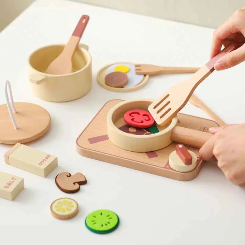 Kid Wooden Kitchen Toy Baby Play Kitchen Building Block Model Set Newborn Pretend Cooking Food Kitchen Toys Simulation Game Gift