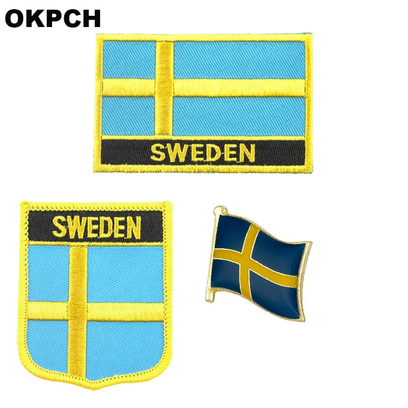 Sweden National Flag Embroidered Iron on Patches for Clothing Metal badges PT0130-3