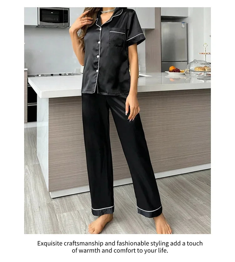2026 New Women's Pajamas Sets Short Sleeve Buttons Top & Pants Sleepwear 2 Piece Button-Down Pj Set Homewear Satin Loungewear