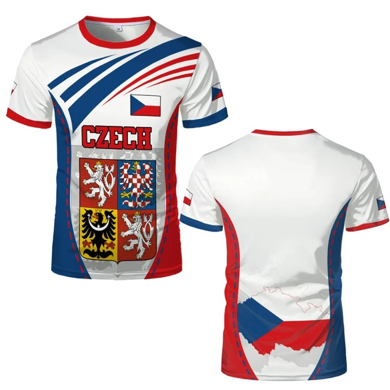 Czech Republic Flag Football T Shirts Czech Republic National Emblem 3D Printed Sports T-shirts Loose Breathable Crew Neck Tees