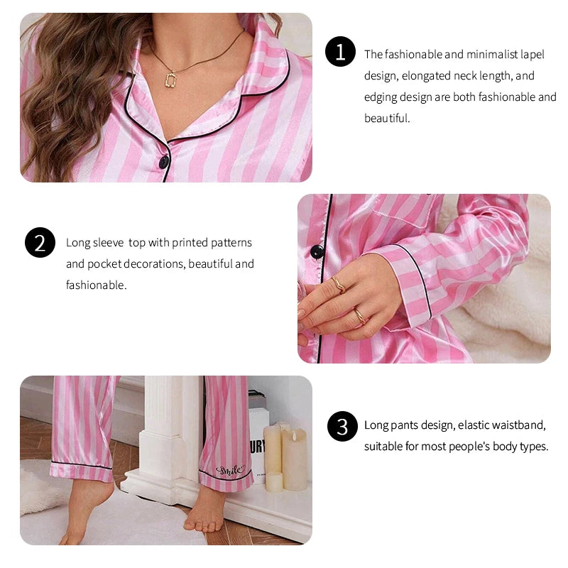 Women Stripe Print Satin Pajama Victoria Autumn Long Sleeve Buttons Lapel Tops & Pants Sleepwear Comfort Relaxed Fit Nightwear