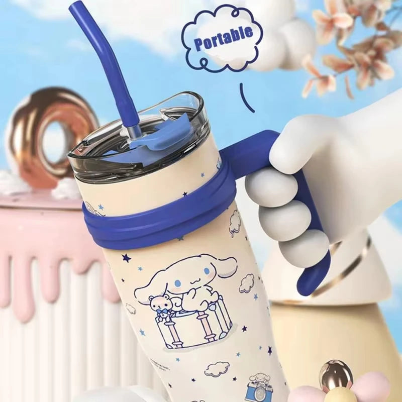 1200Ml Hello Kitty Kuromi Cinnamoroll Melody Thermos Water Bottle Cute Large Capacity Straw Cup Steel Kids Birthday Gift