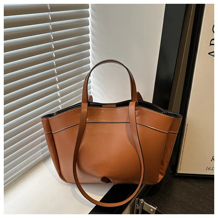 Women Tote Bag Underarm Bag Large Capacity PU Leather Shoulder Bags Vintage Solid Crossbody Bag Trendy Briefcase Bags with Purse