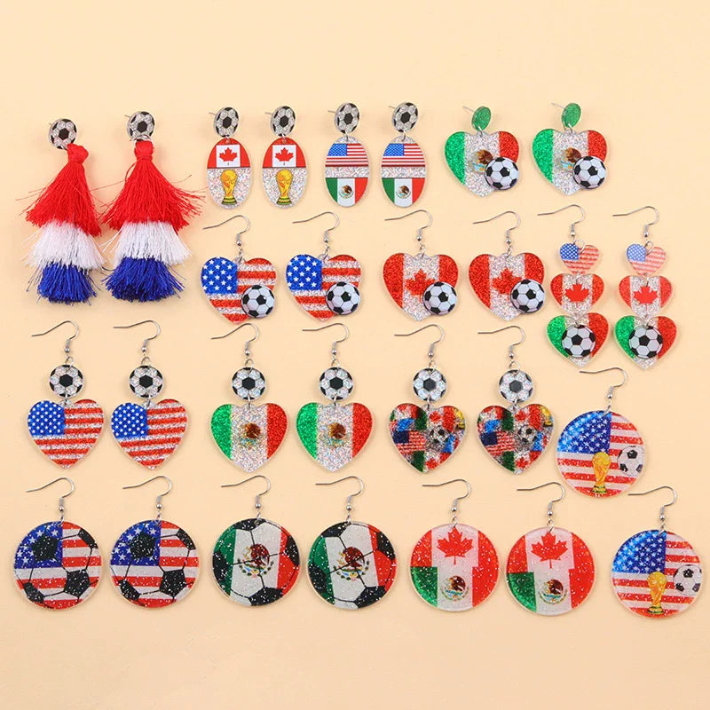 New USA, Canada, Mexico Football National Flag Elements Celebration Earrings Tassel Round Acrylic Earrings Sports Style Earrings