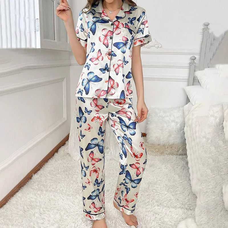 2026 New Women's Pajamas Sets Short Sleeve Buttons Top & Pants Sleepwear 2 Piece Button-Down Pj Set Homewear Satin Loungewear