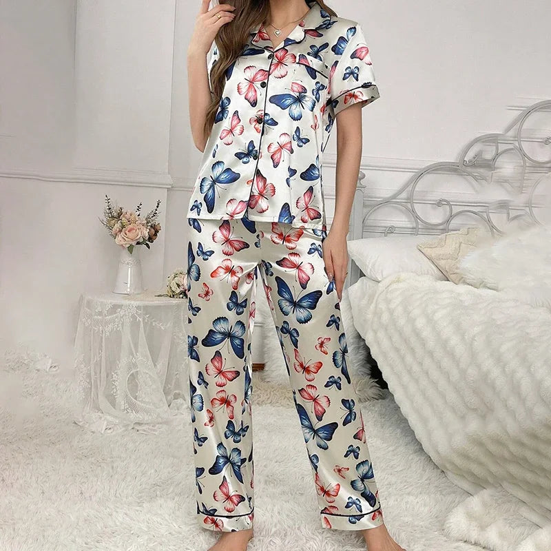 2026 New Women's Pajamas Sets Short Sleeve Buttons Top & Pants Sleepwear 2 Piece Button-Down Pj Set Homewear Satin Loungewear