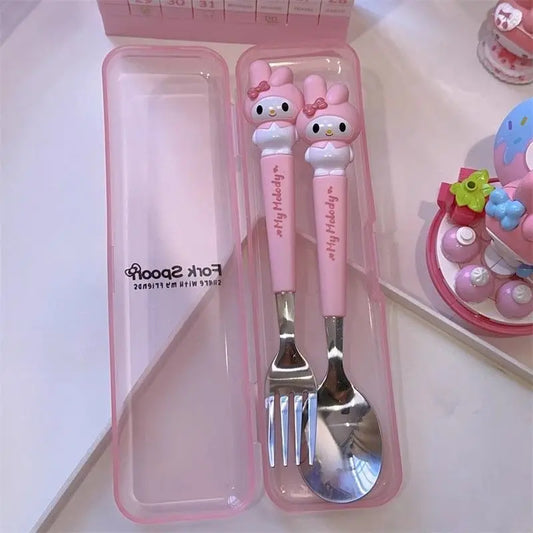 New Kuromi Hello Kitty Cinnamoroll Spoon Fork 2 Pcs Set Stainless Steel Cartoon Cute Kid Tableware Kitchen Supplies Gift
