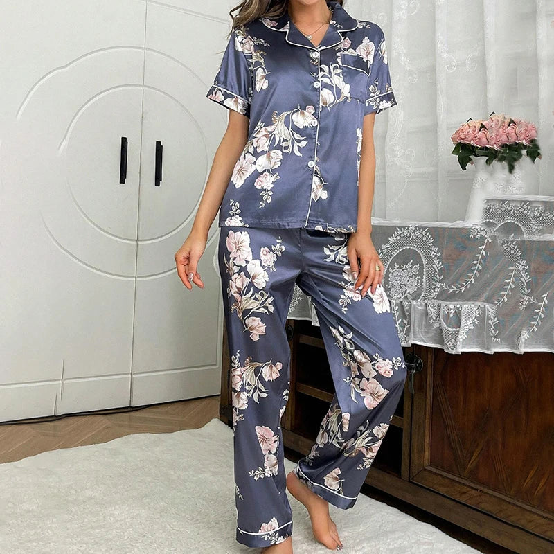 2026 New Women's Pajamas Sets Short Sleeve Buttons Top & Pants Sleepwear 2 Piece Button-Down Pj Set Homewear Satin Loungewear