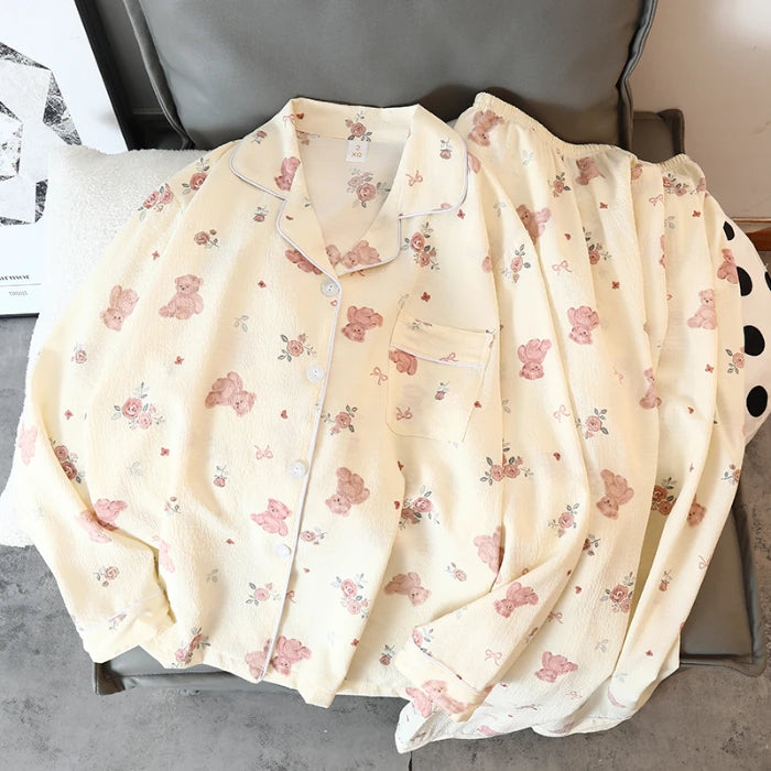 Women's Pajamas Set Y2K Cartoon Bear Flower Print Autumn Pajamas for Women Kawaii New Harajuku Style Casual Homewear Sleepwear