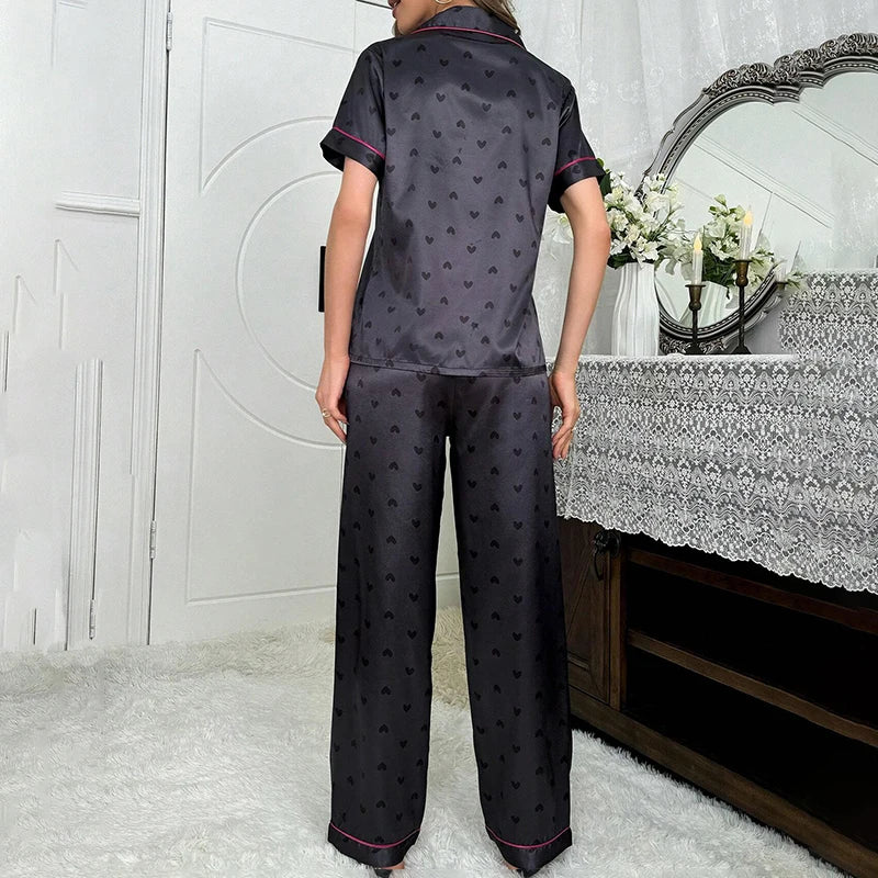 2026 New Women's Pajamas Sets Short Sleeve Buttons Top & Pants Sleepwear 2 Piece Button-Down Pj Set Homewear Satin Loungewear