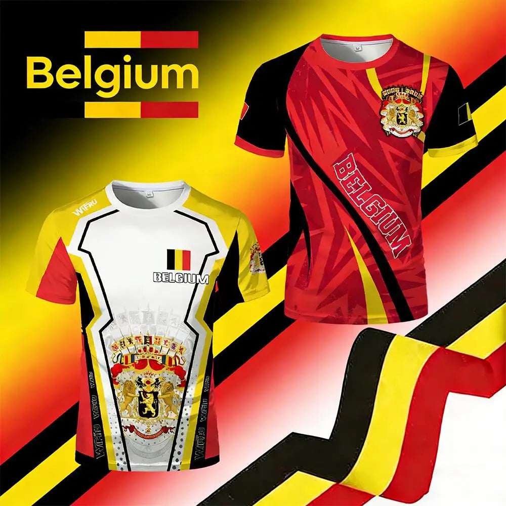 Belgian Flag Print T-shirt Men's Belgium Emblem Graphic Breathable Quick-drying Football Jersey Men's Women's Casual Streetwear