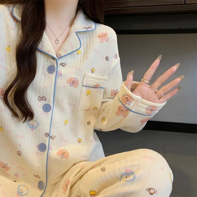 Two-Piece Set Ladies Pajamas Set Long-Sleeved Cartoon Sweet Cute Print Cardigan Home Wear Simple Sleepwear Winter Autumn New