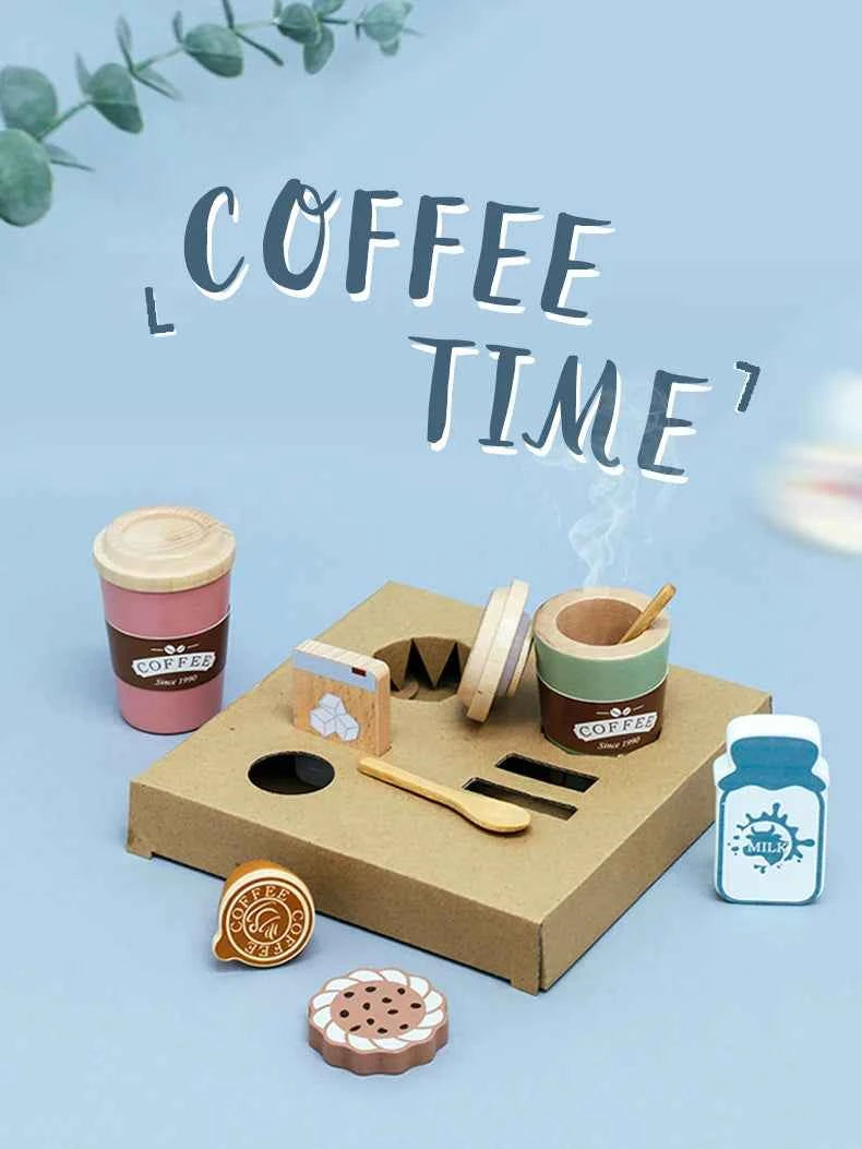 Kids Wooden Coffee Toy Set Toddler Pretend Play Kitchen Accessories Gift for Children House Play Early Educational Toys for Kids
