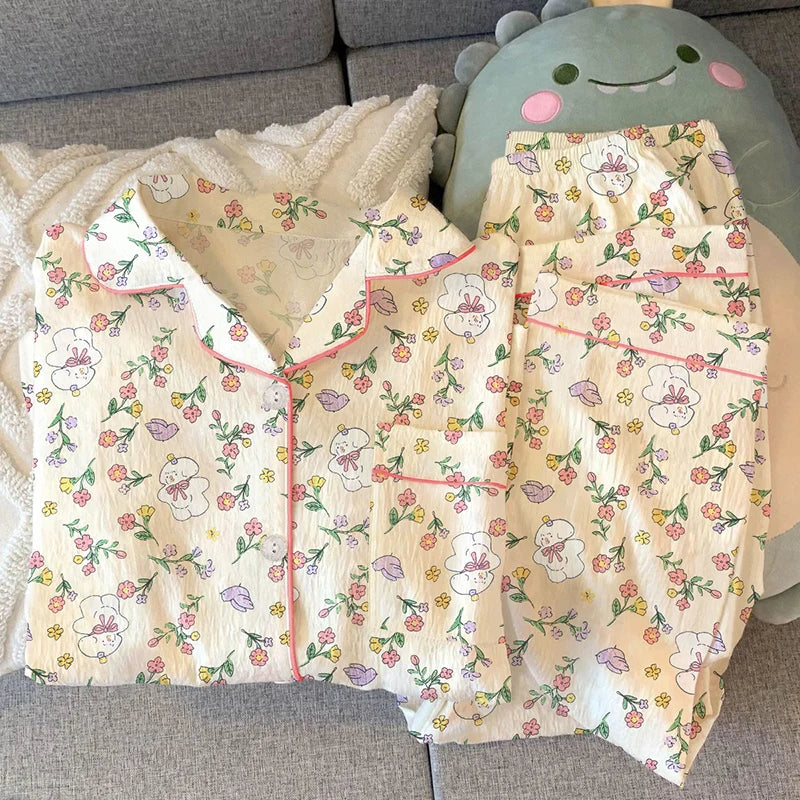 Girls Stripe Spwear Women's  Knot Star Long Sve Long Pants Korean Sle Sweet Crepe Home Clothes Set