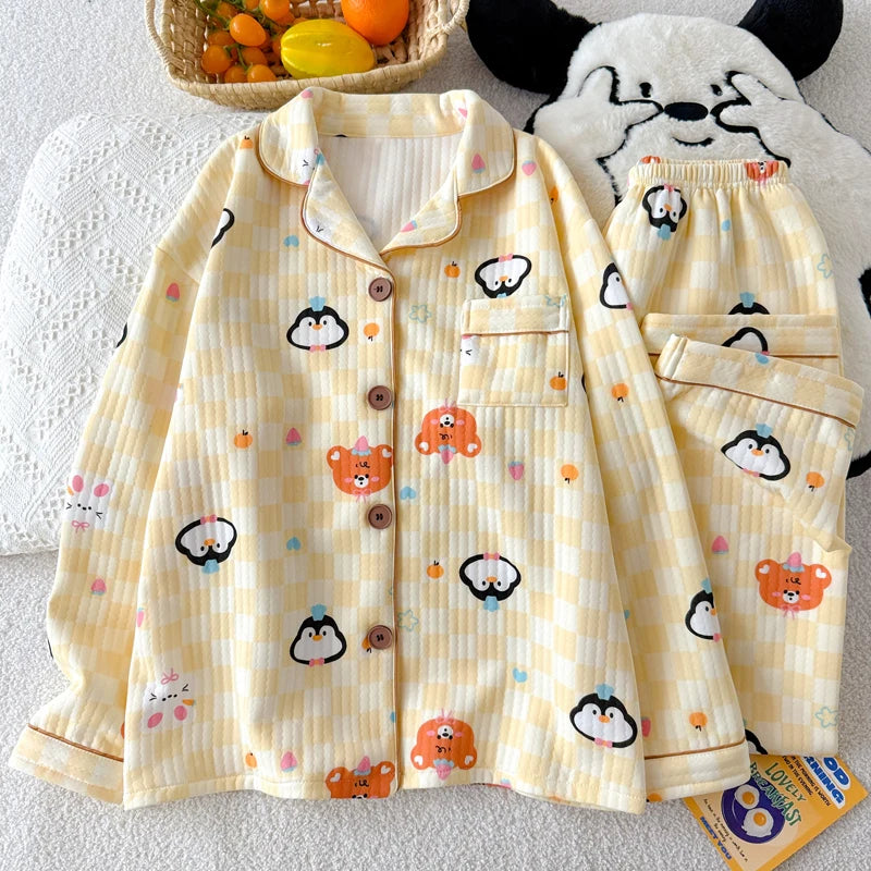 Cartoon Fun Penguin Print Two Pieces Set Sleepwear Loungewear Korean Sweet Cute Women's Pajamas Winter New Homewear Nightwear