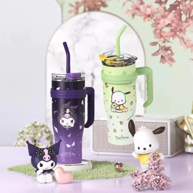 1200Ml Hello Kitty Kuromi Cinnamoroll Melody Thermos Water Bottle Cute Large Capacity Straw Cup Steel Kids Birthday Gift