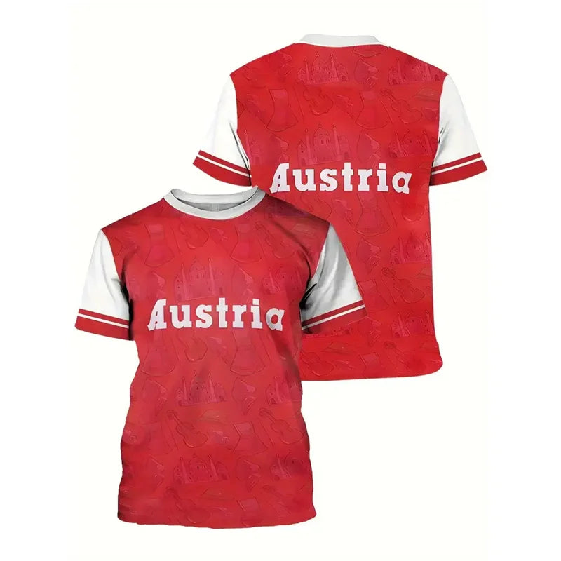 Austria National Flag Themed T-shirt Men's Clothing 3d Printed Stripe Word T Shirts Casual Fashion Street Short Sleeves Tees