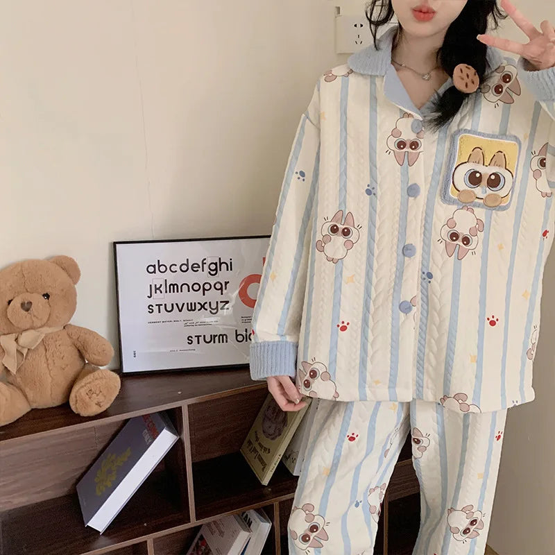 Sweet Korean Style Air Cotton Long Sleeve Long Pants Loose Fit Autumn Winter New Arrival Comfortable Breathable Sleepwear