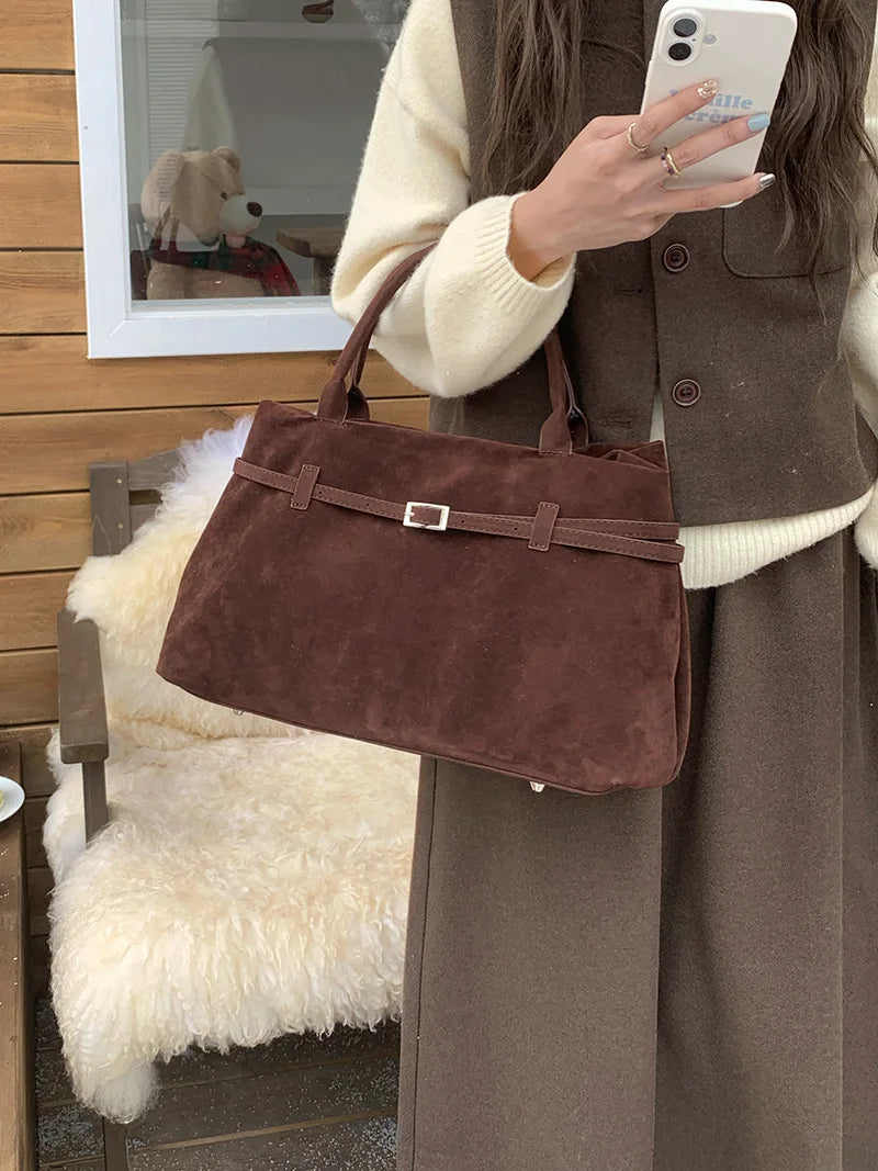 Retro Matte Suede Purse Handbags for Women Large Capacity Fall Winter Casual Tote Bag Belt Design Female Work Shoulder Bags