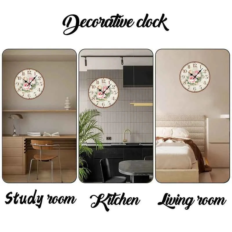 Antique Rose Wooden Round Silent Hanging Wall Clock, Suitable For Living Room, Office, Study Room, Bedroom, Home Decoration