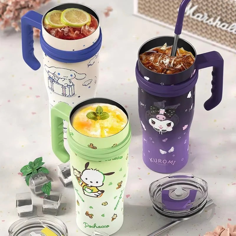1200Ml Hello Kitty Kuromi Cinnamoroll Melody Thermos Water Bottle Cute Large Capacity Straw Cup Steel Kids Birthday Gift