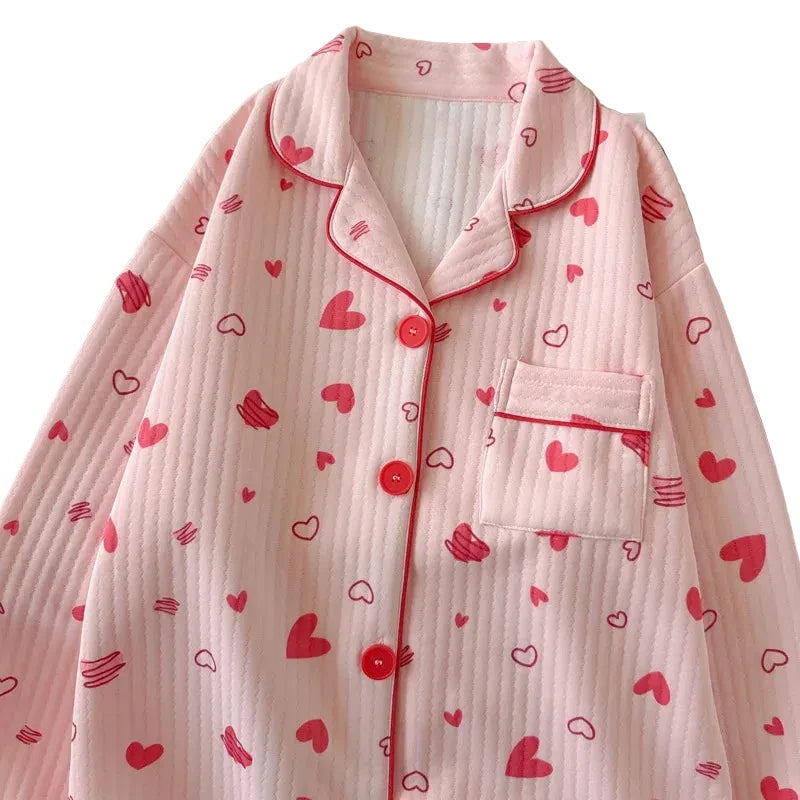 Simple Style Air Cotton Heart Shaped Sleepwear Thickened Long Sleeve round Neck Short Skirt Style Sleep Pants Anti-Static