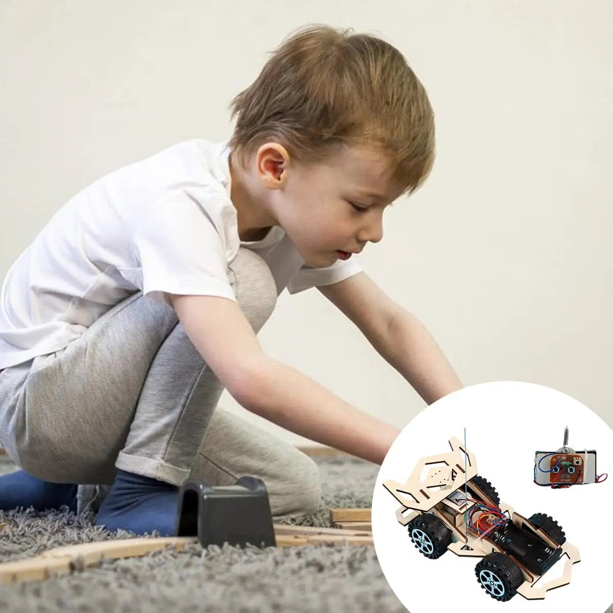 Kids Remote Control Electric Wooden Racing Toys Technology Innovation DIY Hand-assembled Electric Wireless Four-wheel Drive Toys
