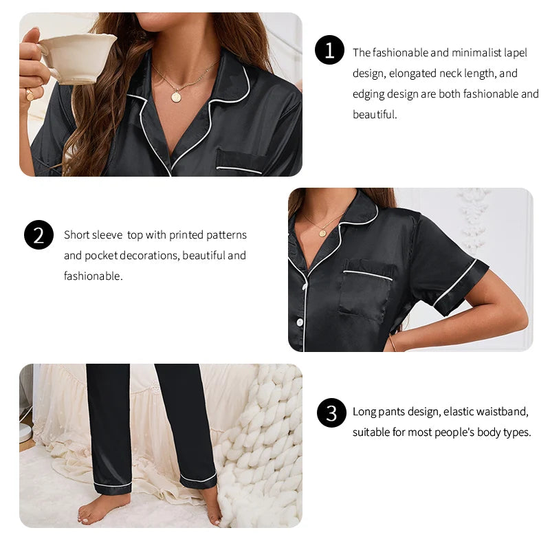 2026 New Women's Pajamas Sets Short Sleeve Buttons Top & Pants Sleepwear 2 Piece Button-Down Pj Set Homewear Satin Loungewear