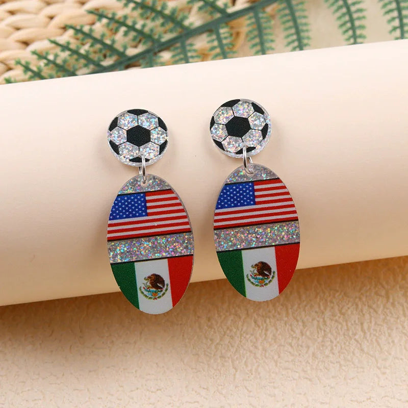New USA, Canada, Mexico Football National Flag Elements Celebration Earrings Tassel Round Acrylic Earrings Sports Style Earrings