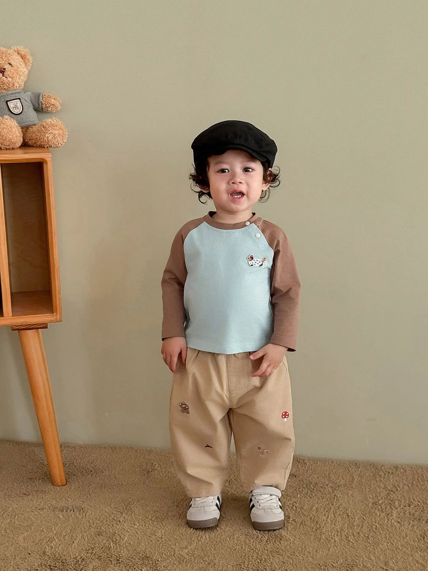 2026 Fall New Toddler Kids Pants Cotton Cartoon Embroidered Harem Pants Baby Boy Casual Striped Denim Baggy Trousers