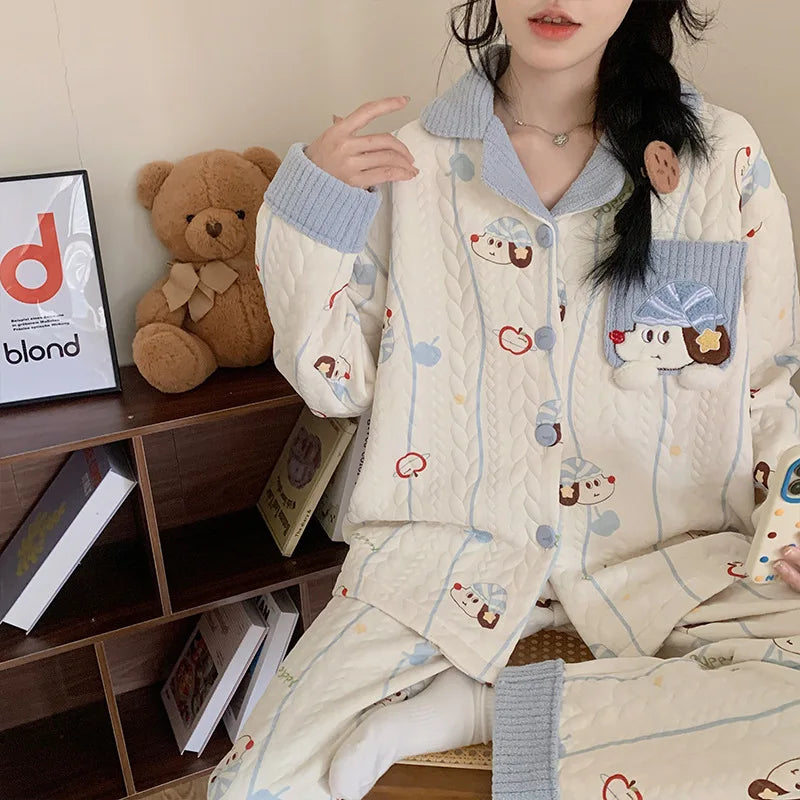 Sweet Korean Style Air Cotton Layered Long Sleeve Long Pants Loose Fit Comfortable Breathable Sleepwear for Spring Autumn Winter
