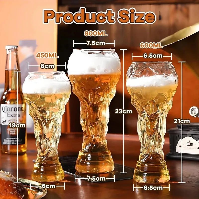 World Football Trophy Shape Beer Glass, High Borosilicate Glass, 450ml/600ml/800ml, Fan Gift for 2026 Soccer Matches & Parties