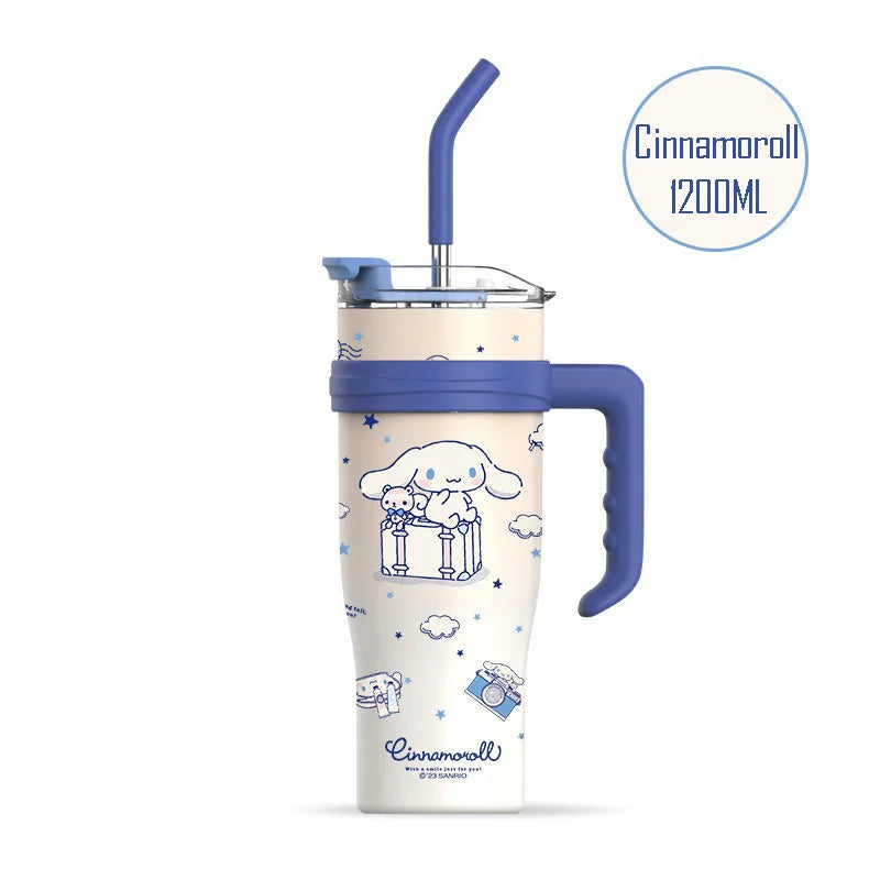 1200Ml Hello Kitty Kuromi Cinnamoroll Melody Thermos Water Bottle Cute Large Capacity Straw Cup Steel Kids Birthday Gift