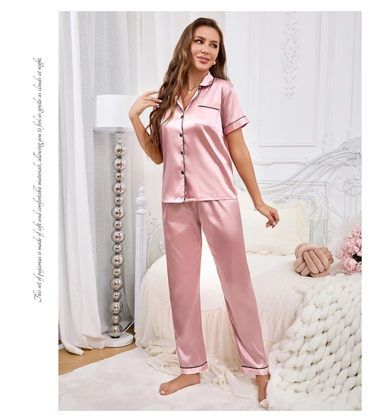 2026 New Women's Pajamas Sets Short Sleeve Buttons Top & Pants Sleepwear 2 Piece Button-Down Pj Set Homewear Satin Loungewear