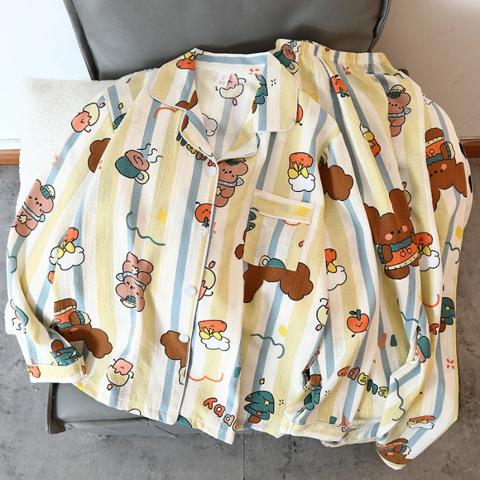 Women's Pajamas Set Y2K Cartoon Bear Flower Print Autumn Pajamas for Women Kawaii New Harajuku Style Casual Homewear Sleepwear