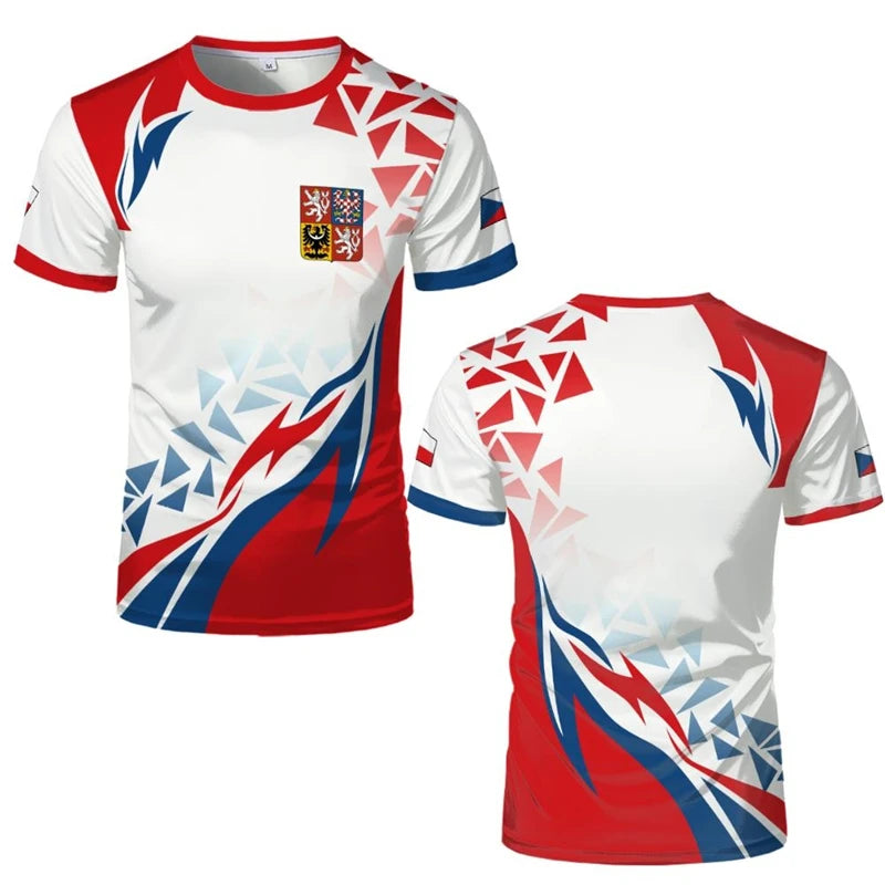 Czech Republic Flag Football T Shirts Czech Republic National Emblem 3D Printed Sports T-shirts Loose Breathable Crew Neck Tees