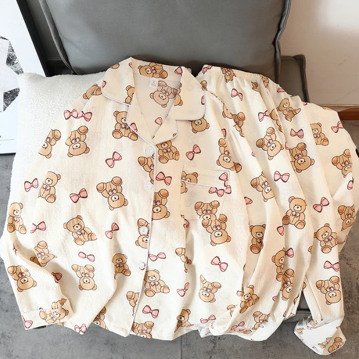 Women's Pajamas Set Y2K Cartoon Bear Flower Print Autumn Pajamas for Women Kawaii New Harajuku Style Casual Homewear Sleepwear
