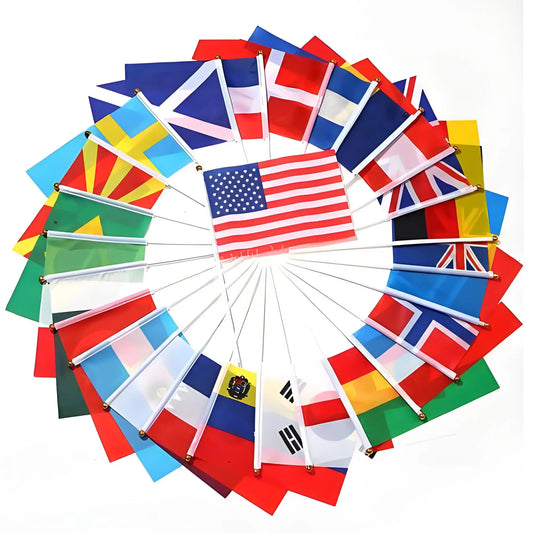 2026 Football World Flag 14x21cm 20x28cm 48pcs Small hand Flag string Flag Hanging Bar Store Supermarket Football cup Event