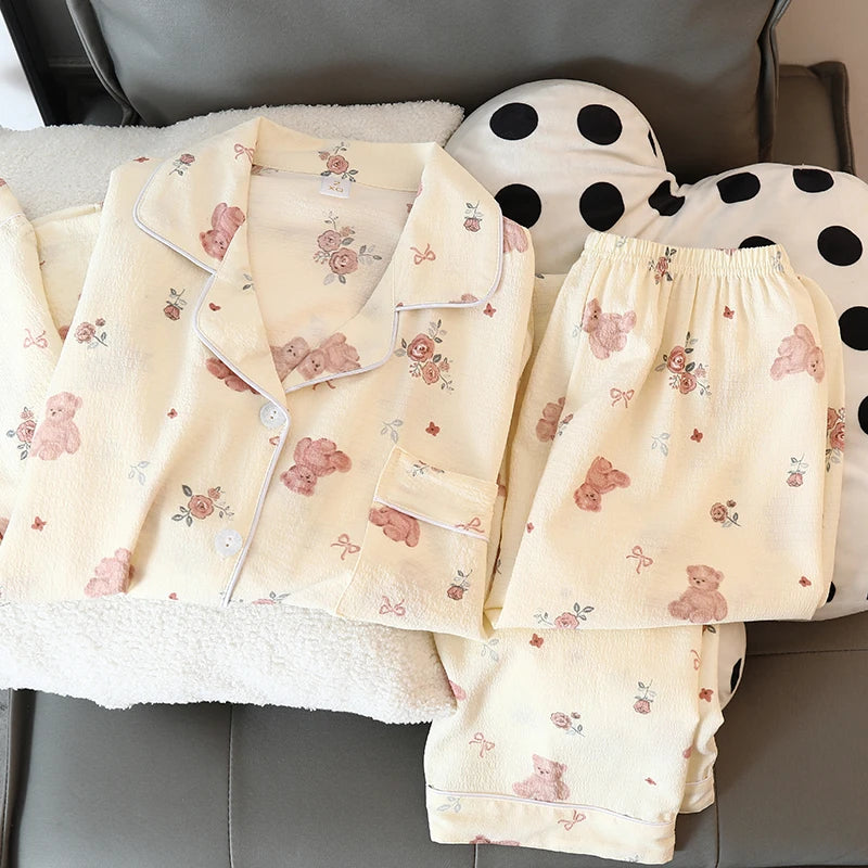 Women's Pajamas Set Y2K Cartoon Bear Flower Print Autumn Pajamas for Women Kawaii New Harajuku Style Casual Homewear Sleepwear