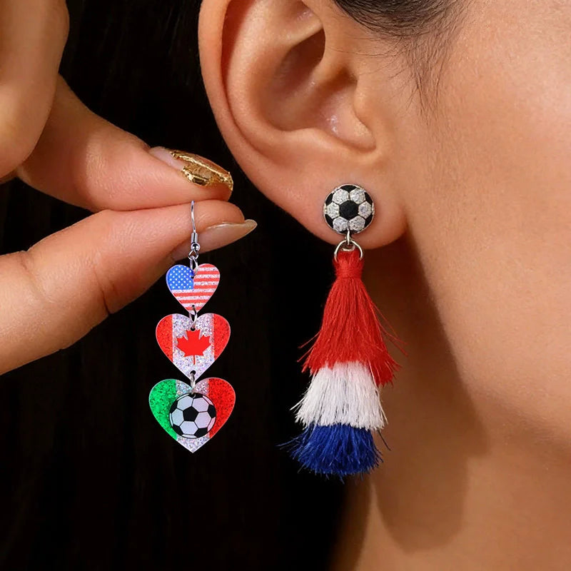 New USA, Canada, Mexico Football National Flag Elements Celebration Earrings Tassel Round Acrylic Earrings Sports Style Earrings