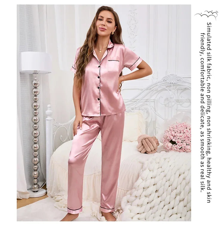 2026 New Women's Pajamas Sets Short Sleeve Buttons Top & Pants Sleepwear 2 Piece Button-Down Pj Set Homewear Satin Loungewear