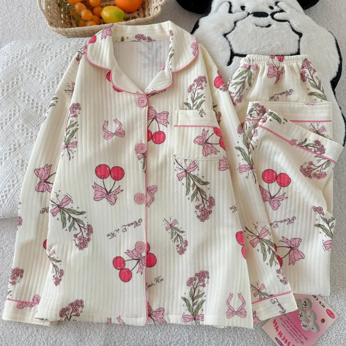 Sweet Butterfly Knot Cherry Air Cotton Knitwear round Neck Long Sleeve Sleepwear Thickened Ultra-Heavy Comfortable Spring