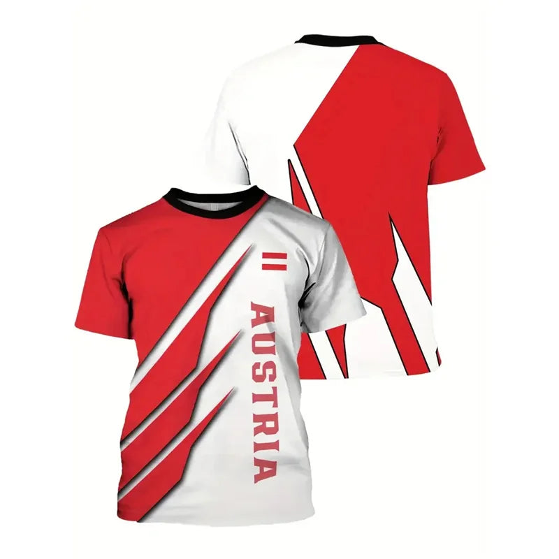 Austria National Flag Themed T-shirt Men's Clothing 3d Printed Stripe Word T Shirts Casual Fashion Street Short Sleeves Tees