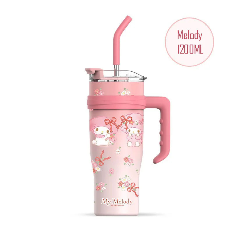1200Ml Hello Kitty Kuromi Cinnamoroll Melody Thermos Water Bottle Cute Large Capacity Straw Cup Steel Kids Birthday Gift