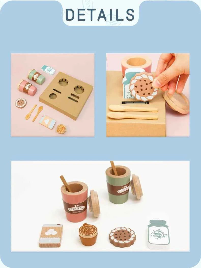 Kids Wooden Coffee Toy Set Toddler Pretend Play Kitchen Accessories Gift for Children House Play Early Educational Toys for Kids