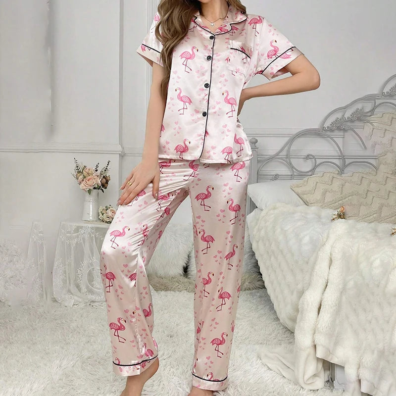 2026 New Women's Pajamas Sets Short Sleeve Buttons Top & Pants Sleepwear 2 Piece Button-Down Pj Set Homewear Satin Loungewear