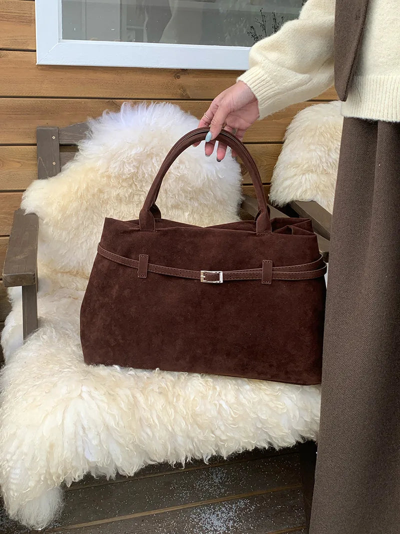 Retro Matte Suede Purse Handbags for Women Large Capacity Fall Winter Casual Tote Bag Belt Design Female Work Shoulder Bags