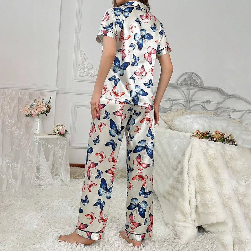 2026 New Women's Pajamas Sets Short Sleeve Buttons Top & Pants Sleepwear 2 Piece Button-Down Pj Set Homewear Satin Loungewear