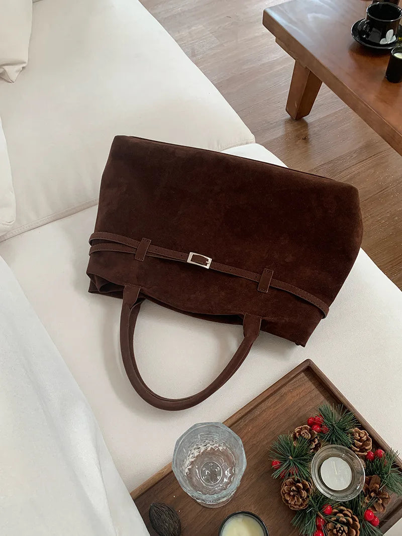Retro Matte Suede Purse Handbags for Women Large Capacity Fall Winter Casual Tote Bag Belt Design Female Work Shoulder Bags