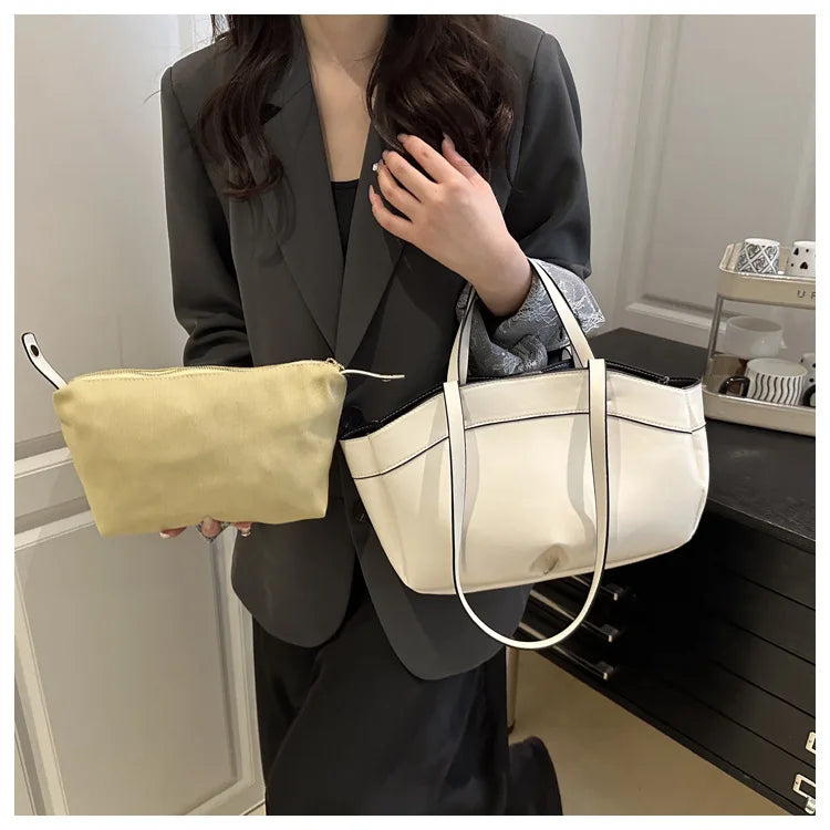 Women Tote Bag Underarm Bag Large Capacity PU Leather Shoulder Bags Vintage Solid Crossbody Bag Trendy Briefcase Bags with Purse